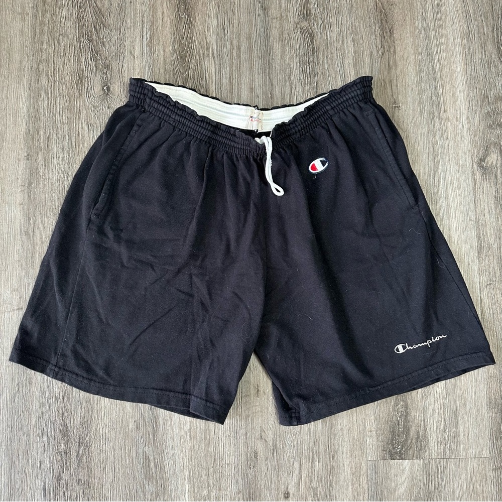 Vintage champion spell out embroidered black gray white cotton shorts